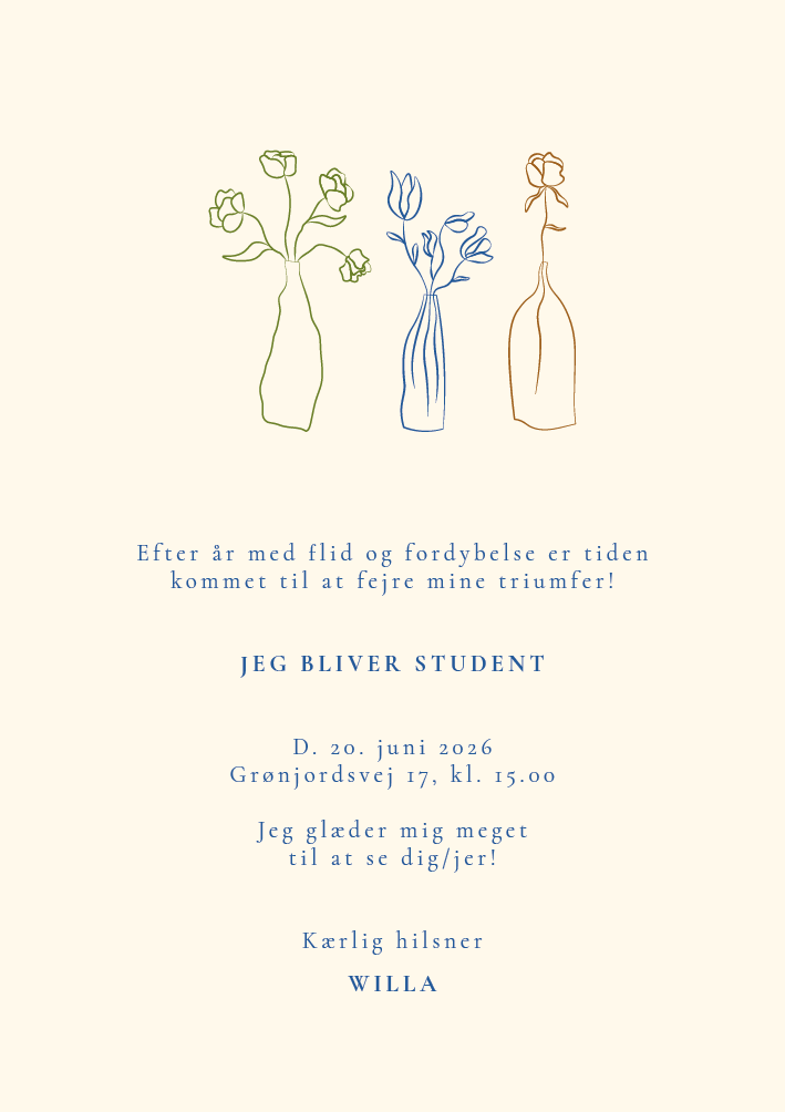 
                Byd dine gæster til studenterreception med denne elegante studenterinvitation. Invitationen er udsmykket med fine håndtegnede illustrationer med farver, der passer til din blå studenterhue. Benyt både forside og bagside til dit personlige budskab til dine gæster. Ønsker du en visuel rød tråd til din studenterreception, har vi matchende bordkort, menukort, gæstebøger, velkomstskilte og meget mere.                